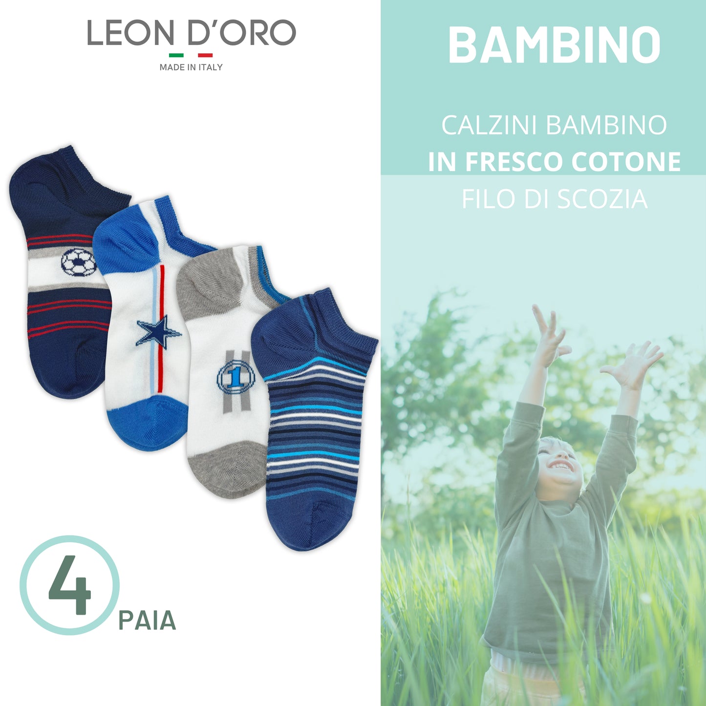 Calzini Fantasmini Bambino Cotone Filo di Scozia 4 Paia Calze leggere e traspiranti Made in Italy ASS1