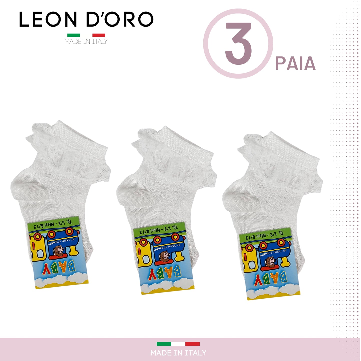 Calzini Neonata Cotone con pizzo 3 Paia Calzini 0/6 mesi -6/12 mesi -12/18 mesi Mesi Made in Italy