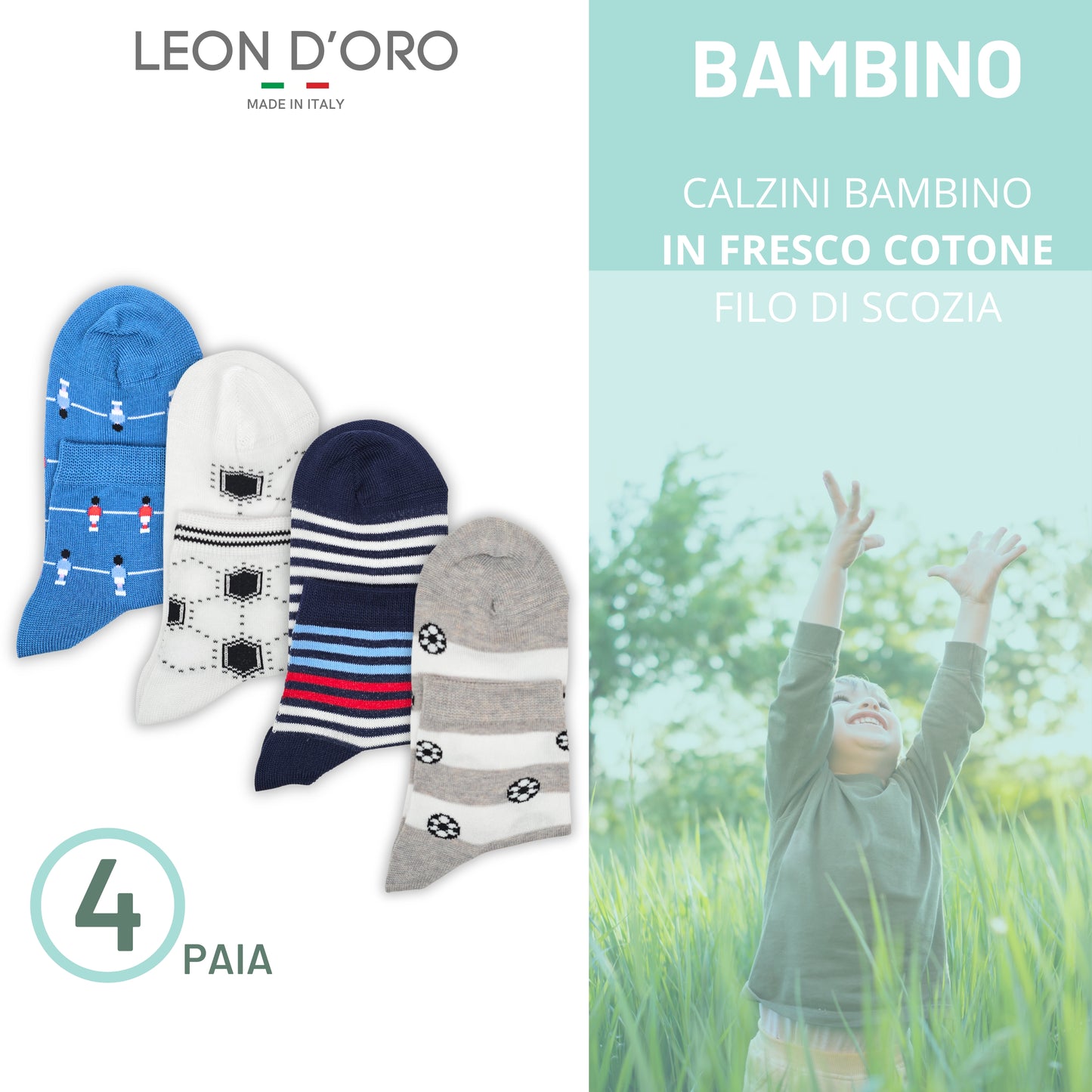 Calzini Bambino Cotone Filo di Scozia 4 Paia Calze leggere e traspiranti Made in Italy ASS2