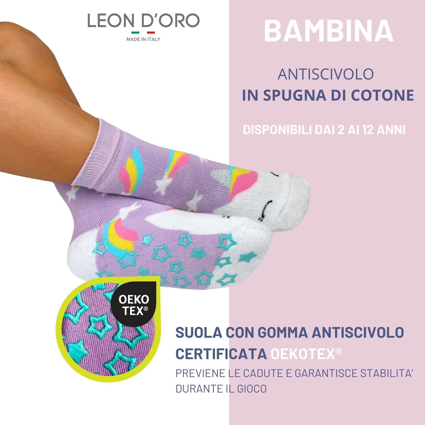 Calzini Bambina Antiscivolo Cotone 3 Paia Calze Bimba abs scuola casa gonfiabili, Made in Italy ASS5