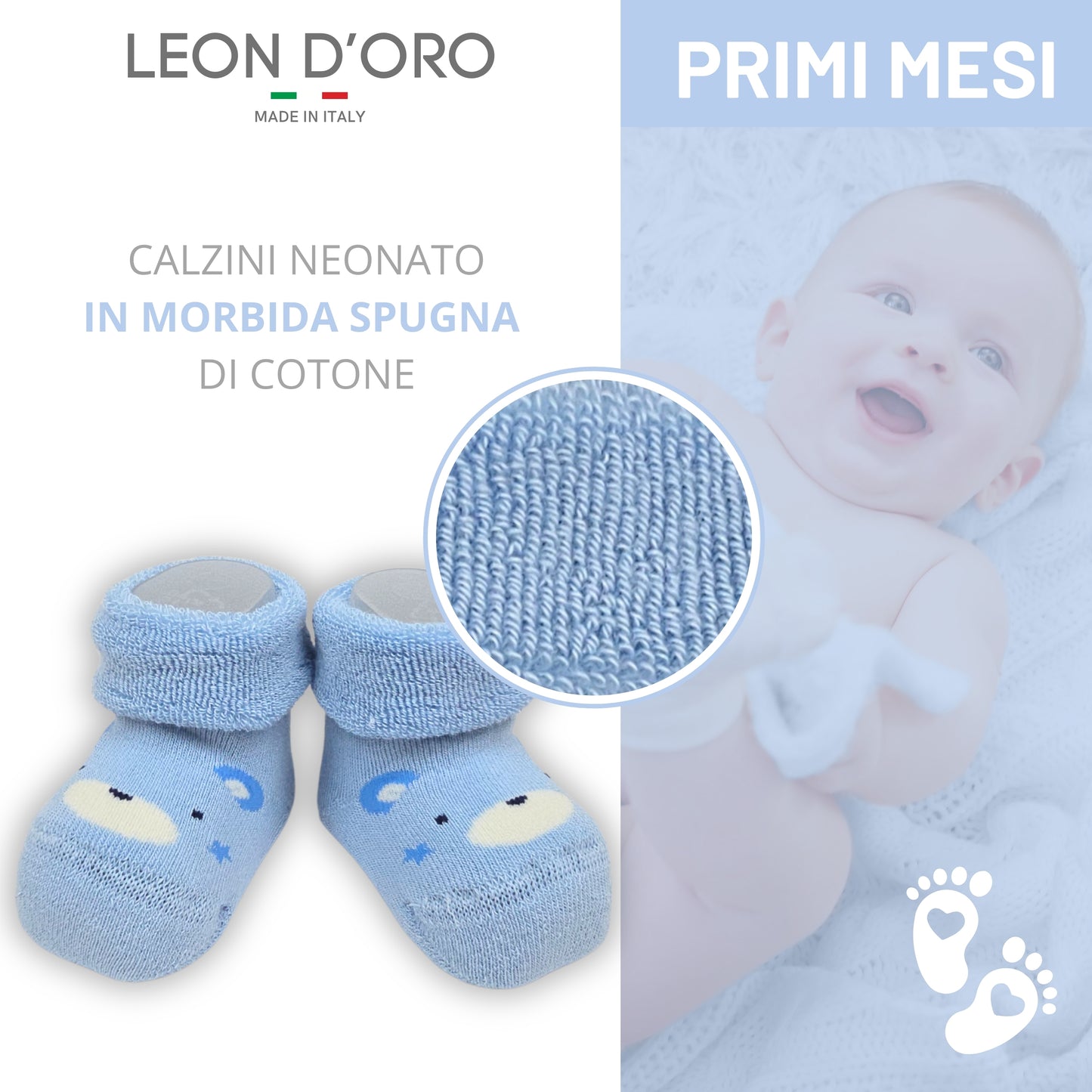 Calze Neonato Calzino Regalo Baby Shower Scarpine Babbucce bambini Primi Mesi Taglia Unica Made in Italy Azzurro
