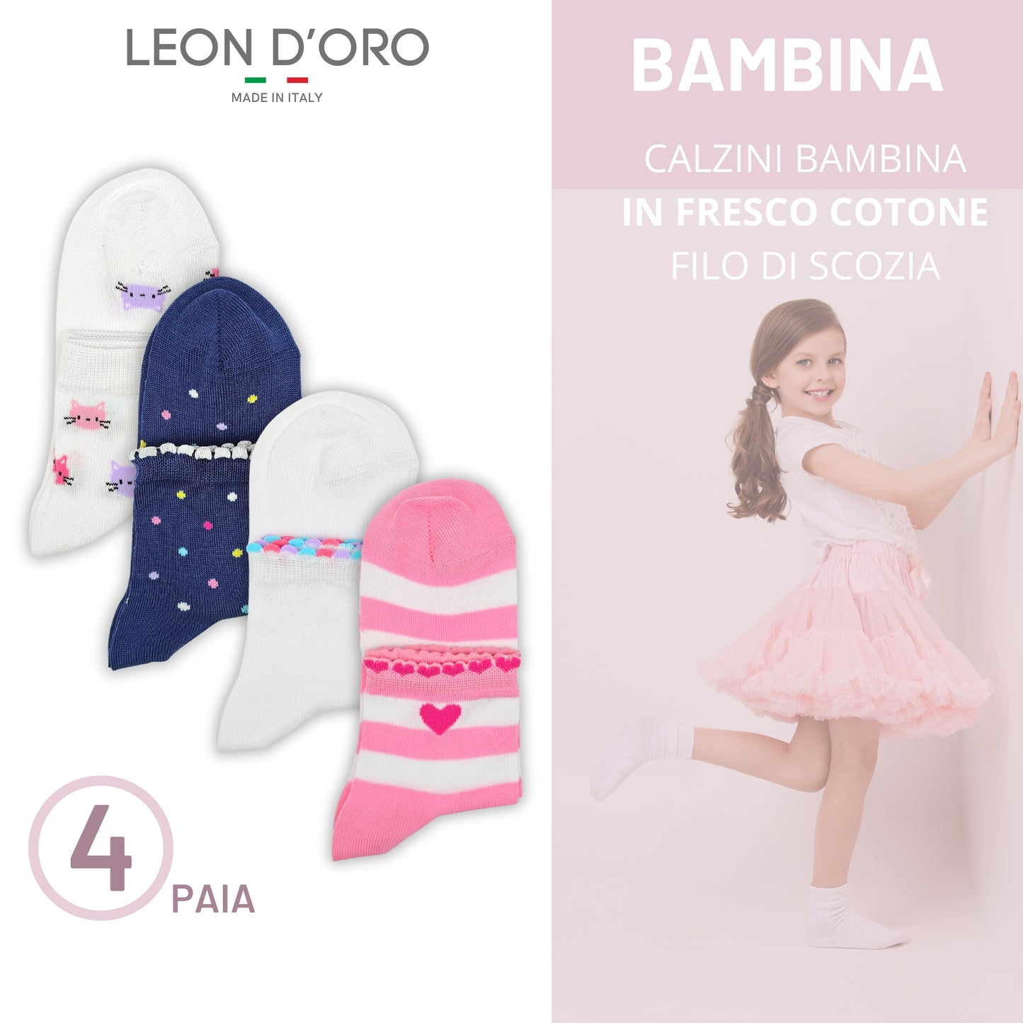 Calzini Bambina Cotone Filo di Scozia 4 Paia Calze leggere e traspiranti Made in Italy ASS1