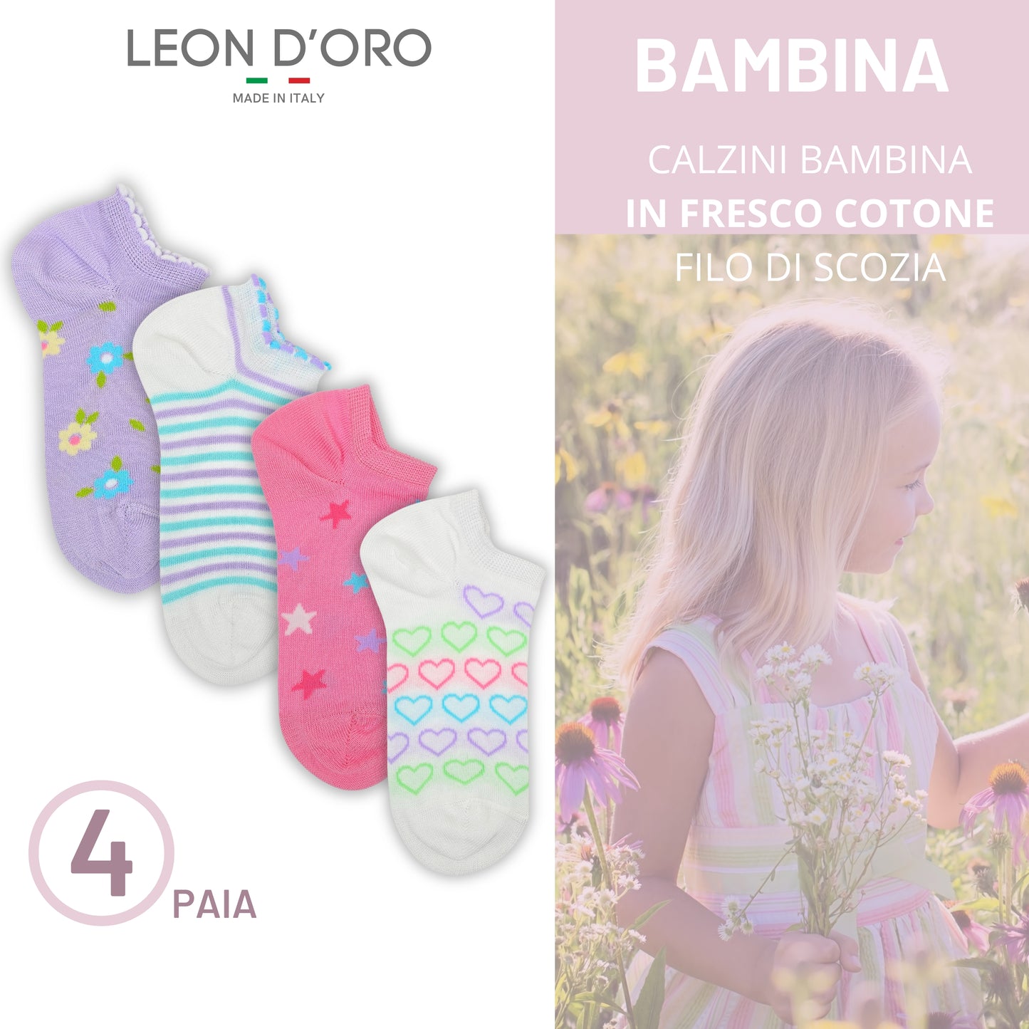 Calzini Fantasmini Bambina Cotone Filo di Scozia 4 Paia Calze leggere e traspiranti Made in Italy ASS1