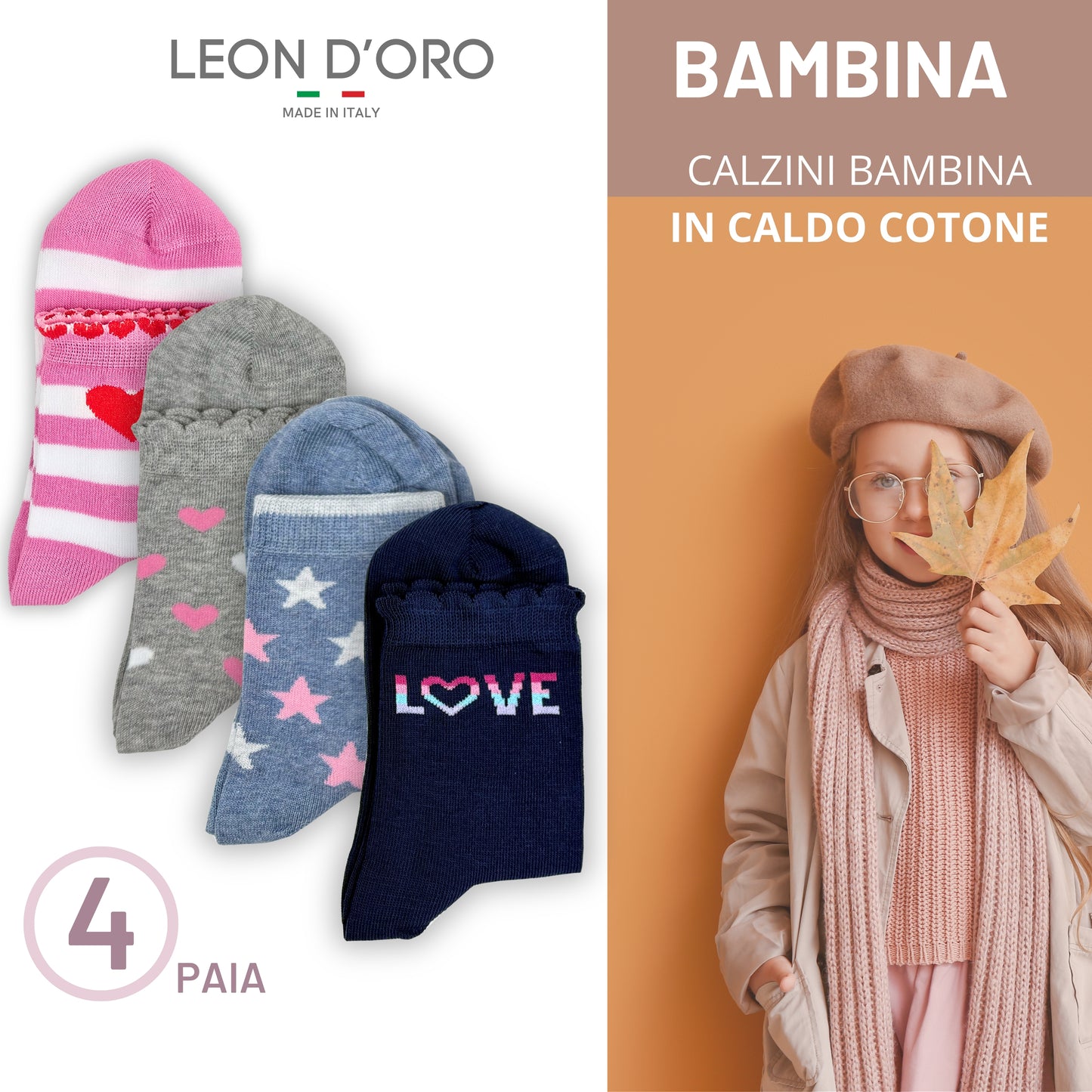 Calzini Bambina Caldo Cotone 4 Paia Calze Bimba Calze Bambina invernali Made in Italy ASS2