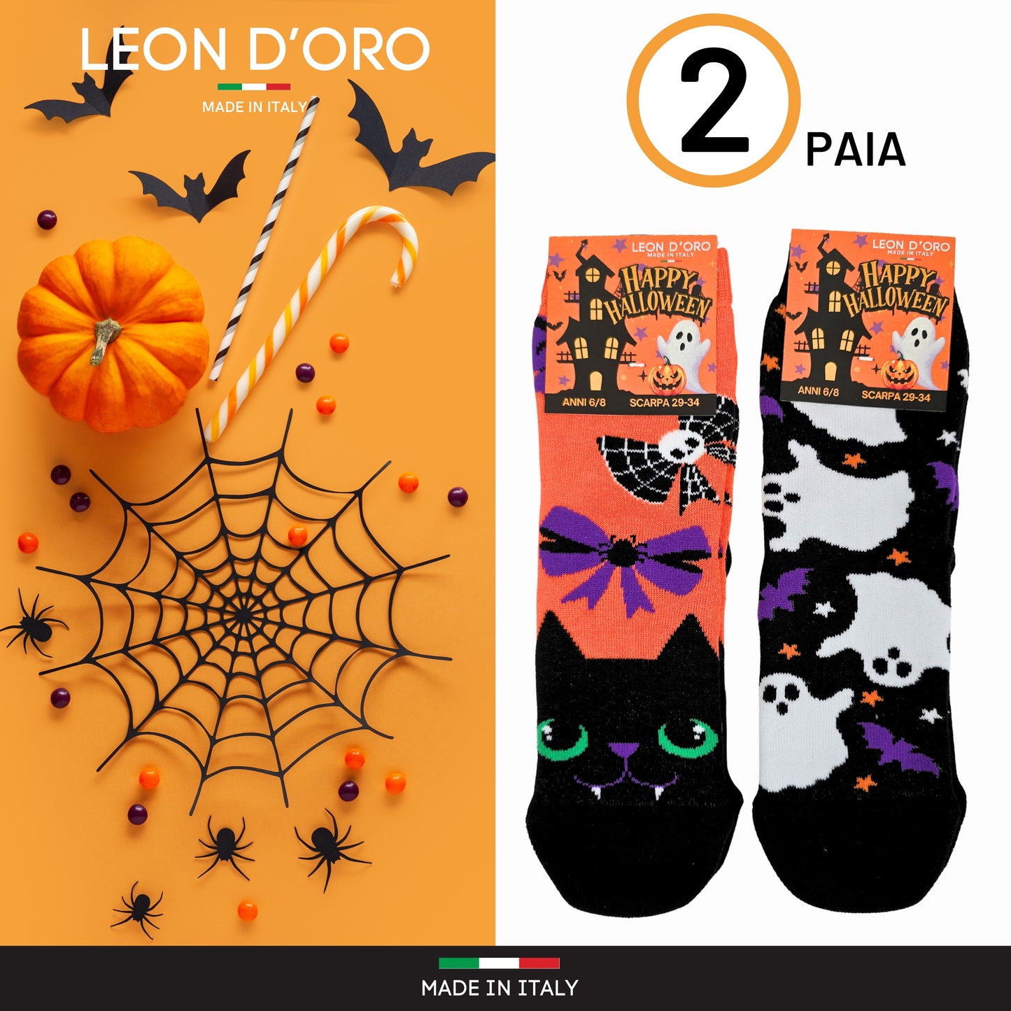 Calzini Halloween Bambina Antiscivolo Cotone 2 Paia Calze Bimba abs scuola casa gonfiabili, Made in Italy HALLOF