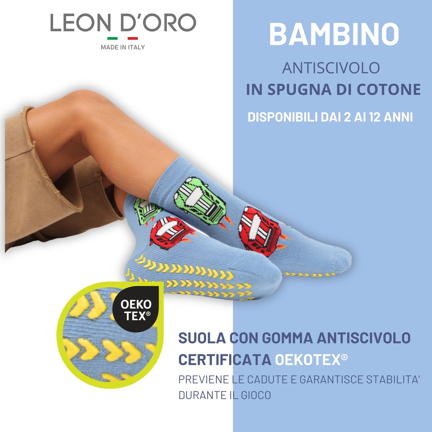 Calzini Bambino Antiscivolo Cotone 3 Paia Calze Bimbo abs scuola casa gonfiabili, Made in Italy ASS2