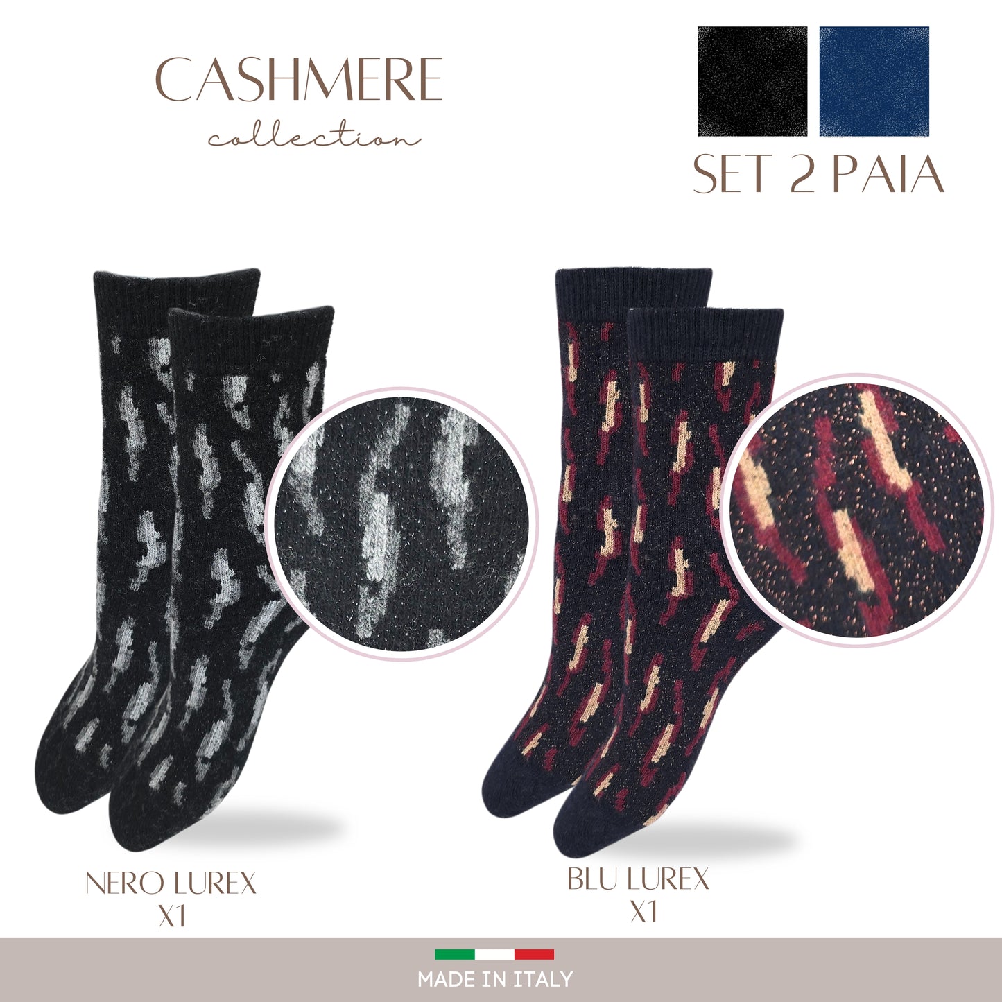 Calze Cashmere Donna Calzini Lana e Cachemire con Lurex Termici Invernali Made in Italy LUREX ASS2