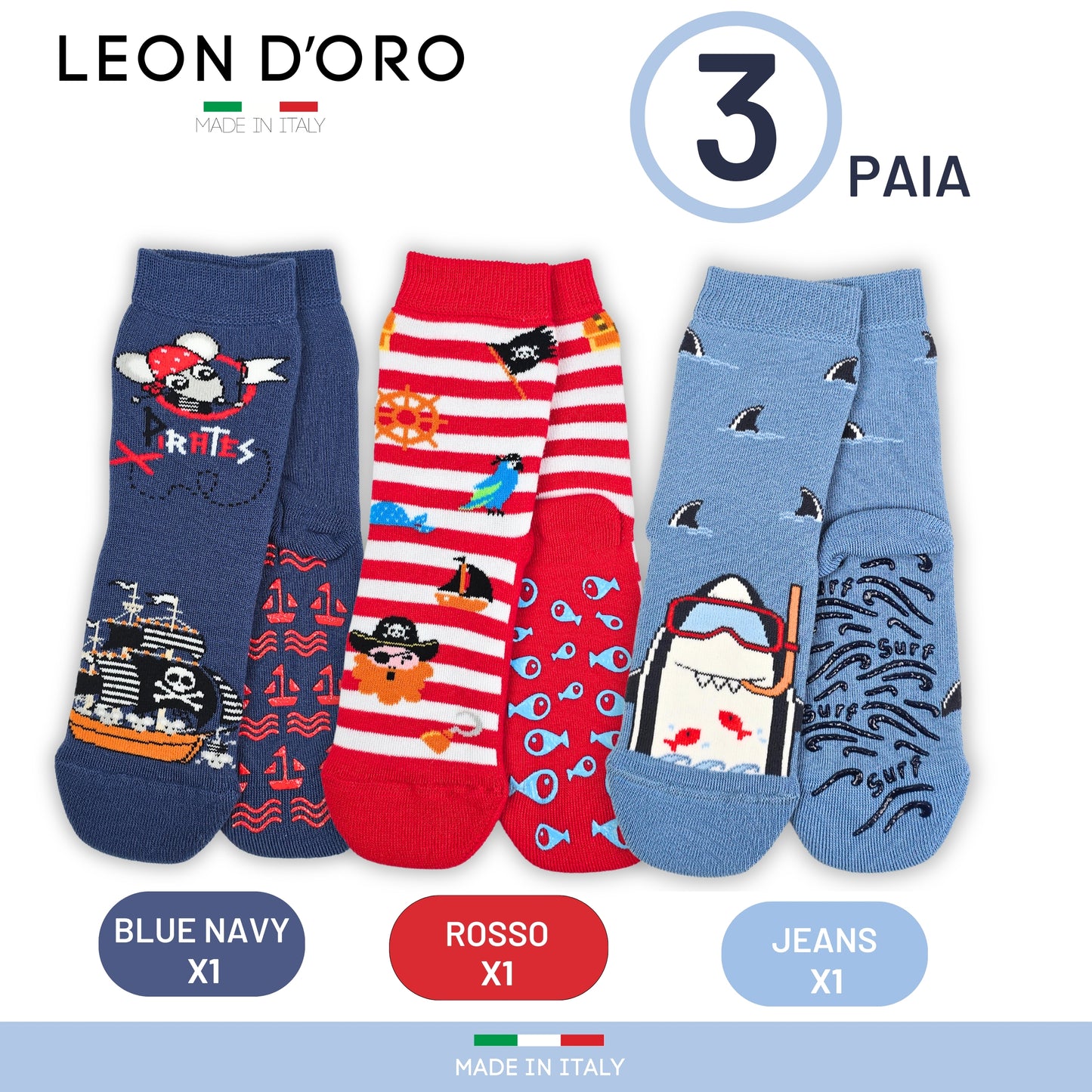 Calzini Bambino Antiscivolo Cotone 3 Paia Calze Bimbo abs scuola casa gonfiabili, Made in Italy ASS2