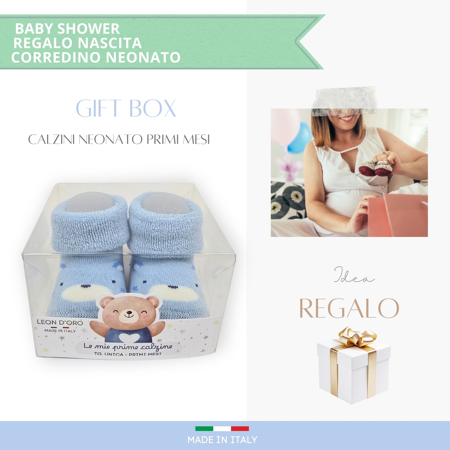 Calze Neonato Calzino Regalo Baby Shower Scarpine Babbucce bambini Primi Mesi Taglia Unica Made in Italy Azzurro