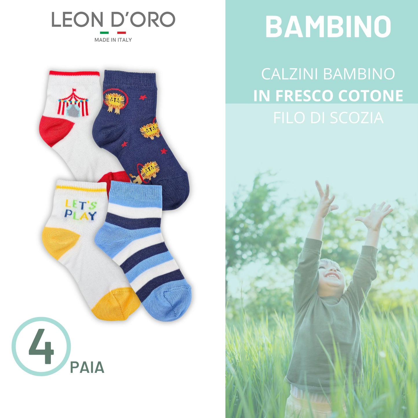 Calzini Bambino Cotone Filo di Scozia 4 Paia Calze leggere e traspiranti Made in Italy ASS1 (Copia)