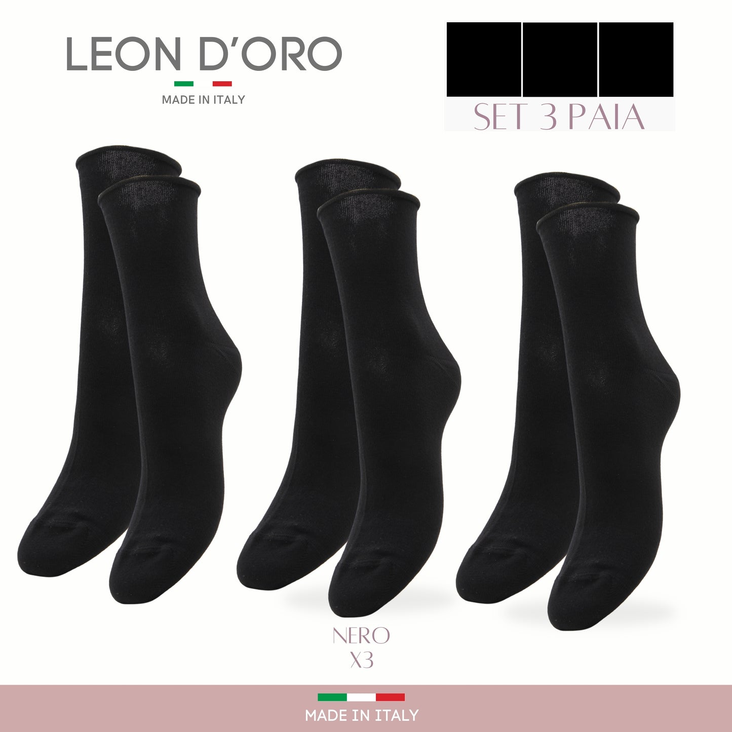 Calzini Senza Elastico Donna Cotone Leggero 3 Paia Calze Donna Filo di scozia Made in Italy NERO