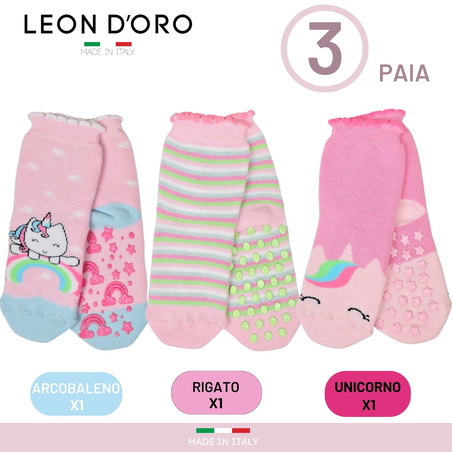 Calzini Neonata antiscivolo Cotone 3 Paia Calzini abs 0/6 mesi -6/12 mesi -12/18 mesi Made in Italy