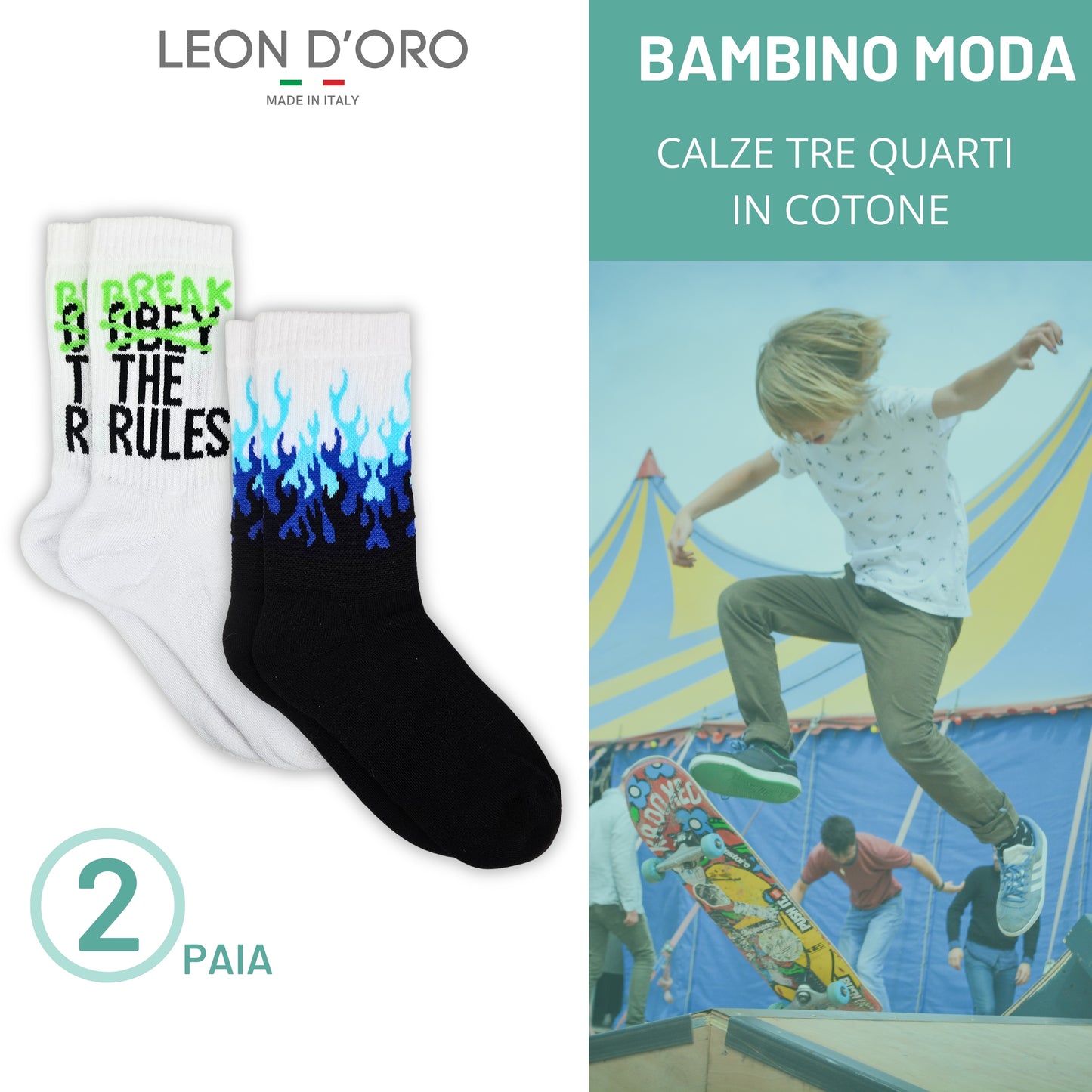 Calze Sportive Bambino 2 Paia Calzettoni Ragazzo Calzini Basket Skate Tennis Made in Italy ASS1