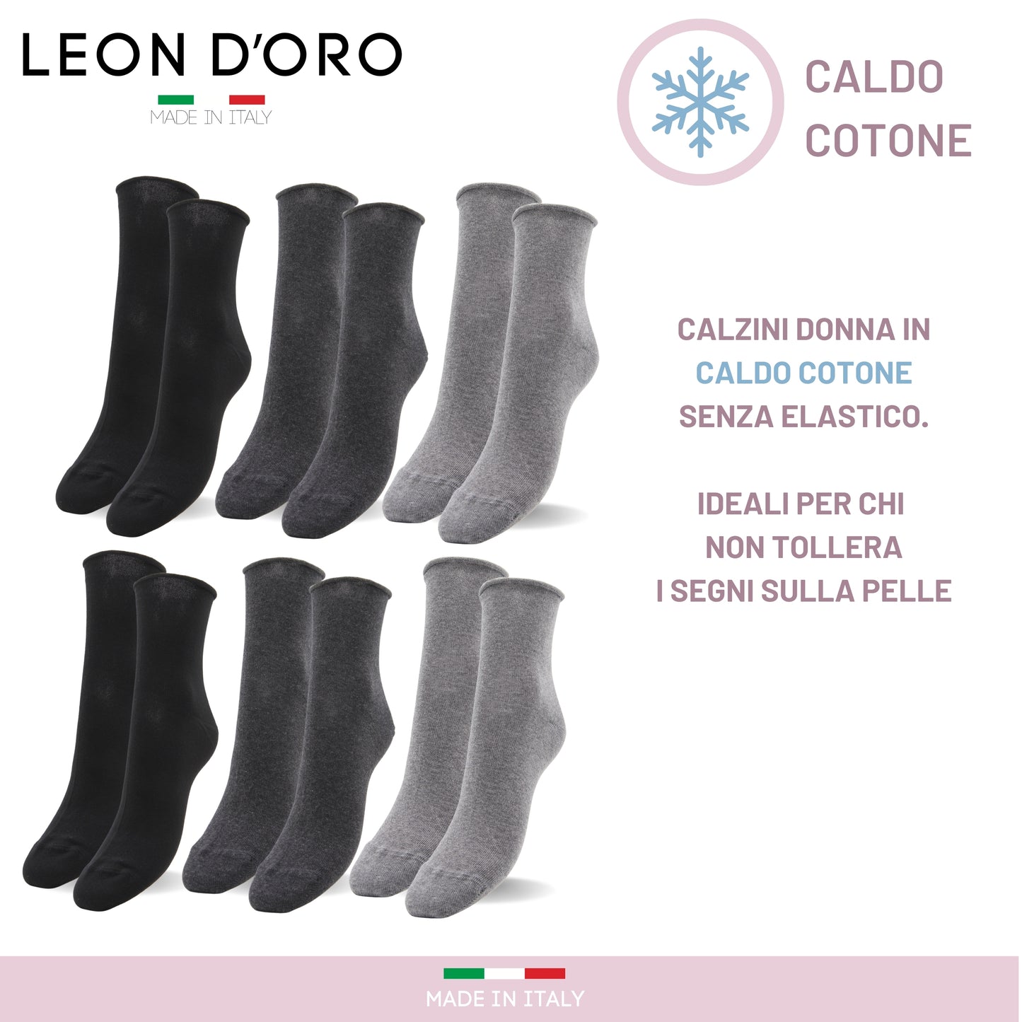 Calzini Donna senza elastico, Calze Donna Caldo Cotone 6 Paia Calzino Corto Moda Made in Italy CLASSIC