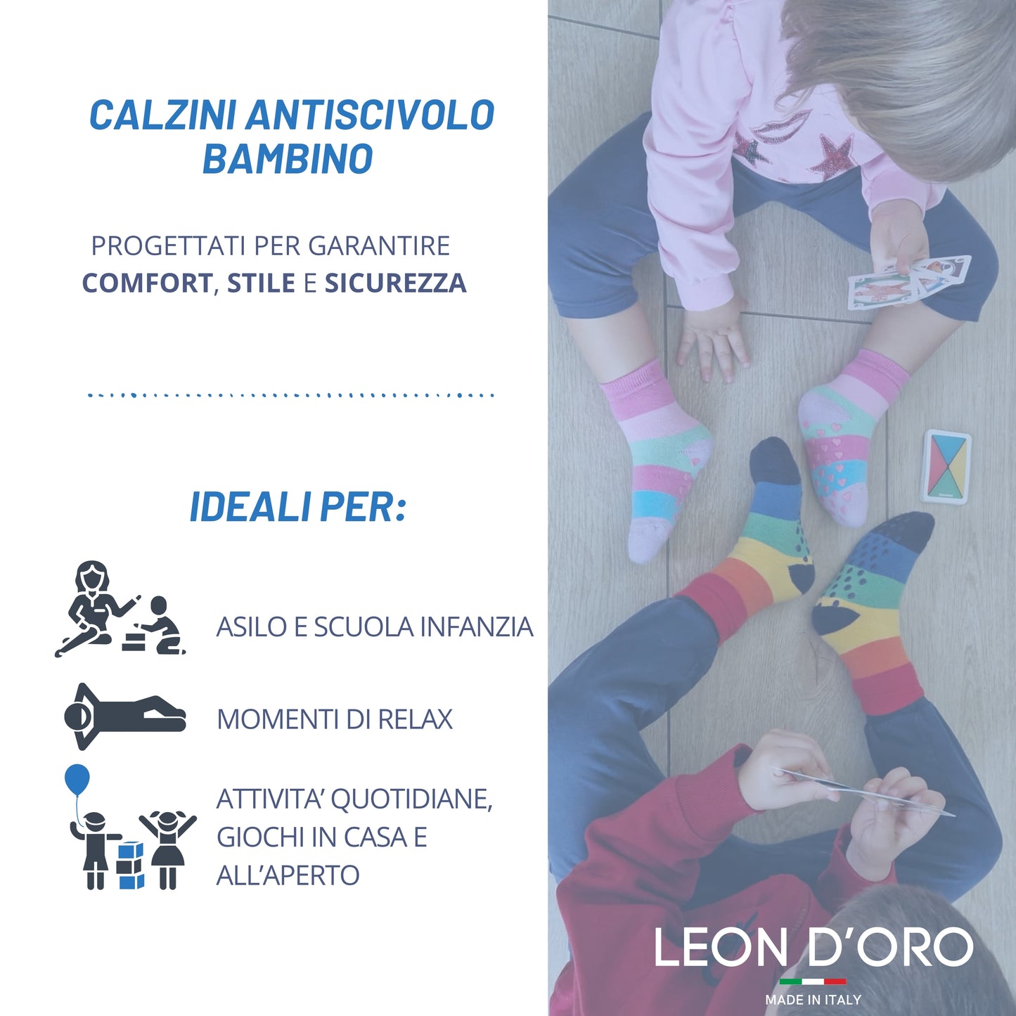 Calzini Bambino Antiscivolo Cotone 3 Paia Calze Bimbo abs scuola casa gonfiabili, Made in Italy ASS2