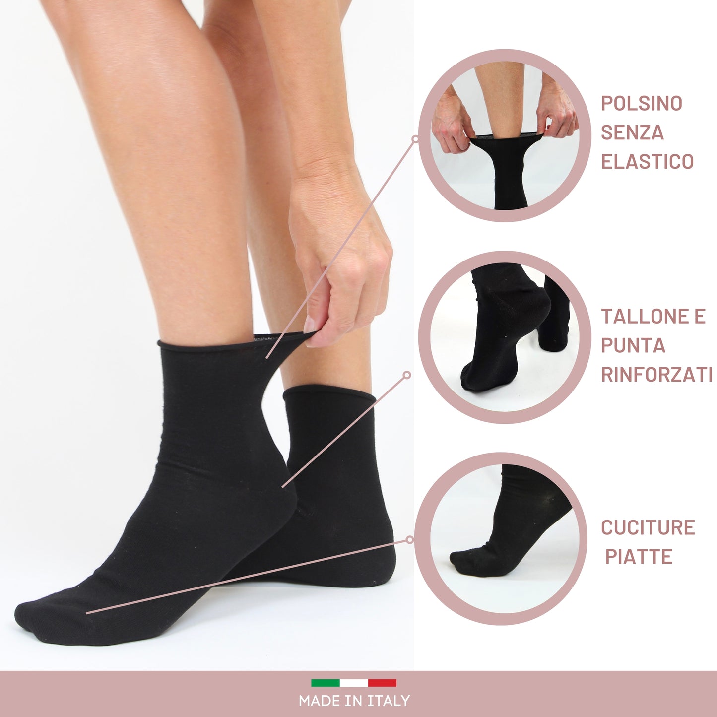 Calzini Senza Elastico Donna Cotone Leggero 3 Paia Calze Donna Filo di scozia Made in Italy NERO