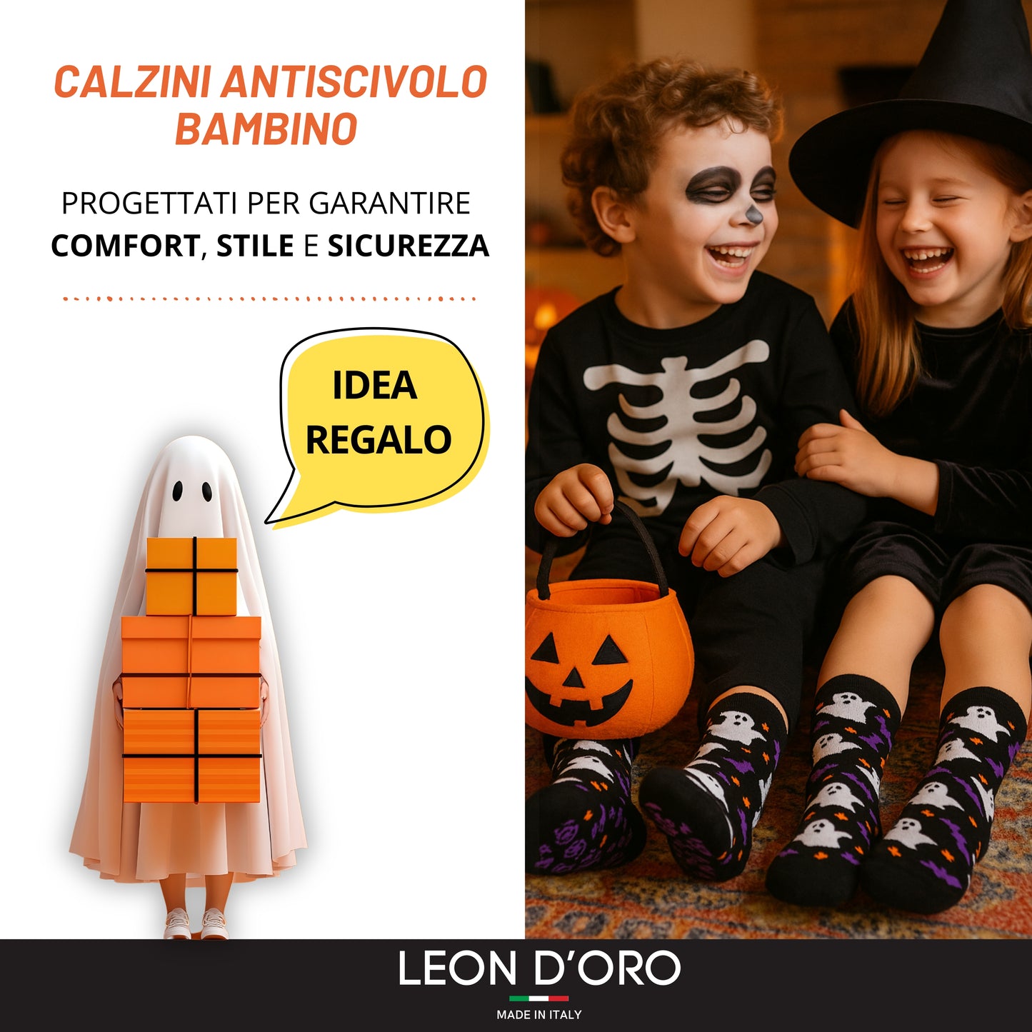 Calzini Halloween Bambina Antiscivolo Cotone 2 Paia Calze Bimba abs scuola casa gonfiabili, Made in Italy HALLOF