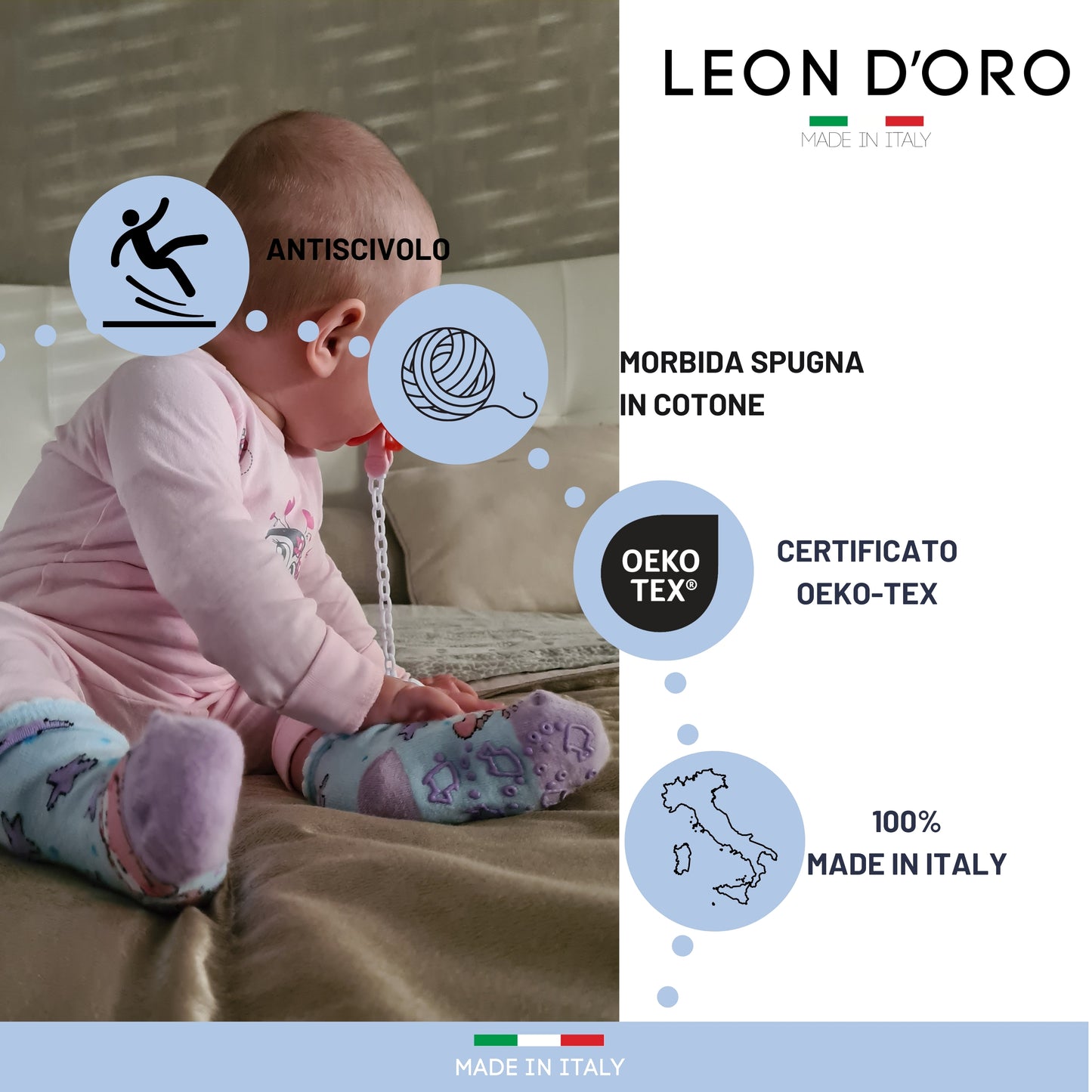 Calzini Neonato antiscivolo Cotone 3 Paia Calzini abs 0/6 mesi -6/12 mesi -12/18 mesi Made in Italy ASS4
