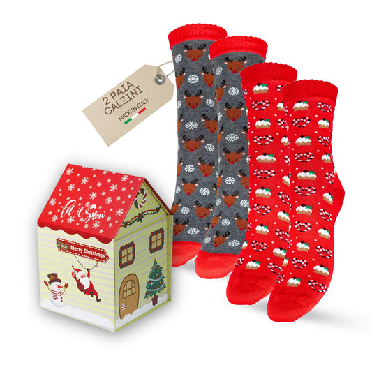 Calzini Donna Caldo Cotone, Calzino Donna Natale, Calze corte Donna Natalizi con scatola Regalo Made in Italy ASS3