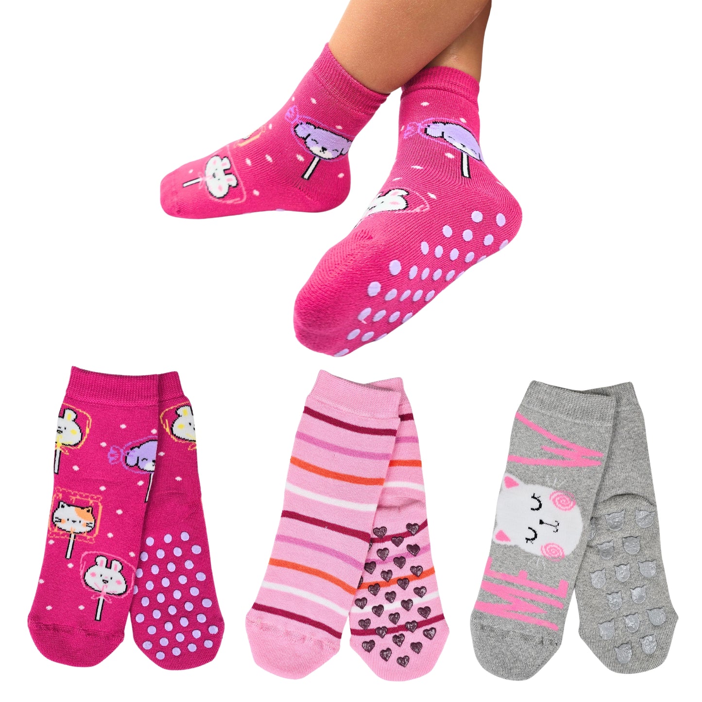 Calzini Bambina Antiscivolo Cotone 3 Paia Calze Bimba abs scuola casa gonfiabili, Made in Italy
