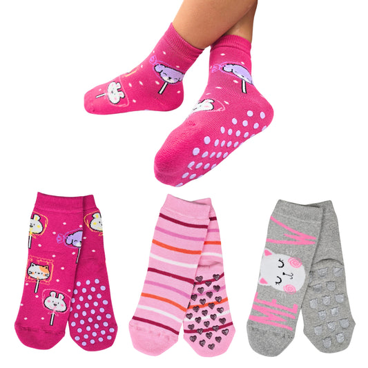 Calzini Bambina Antiscivolo Cotone 3 Paia Calze Bimba abs scuola casa gonfiabili, Made in Italy