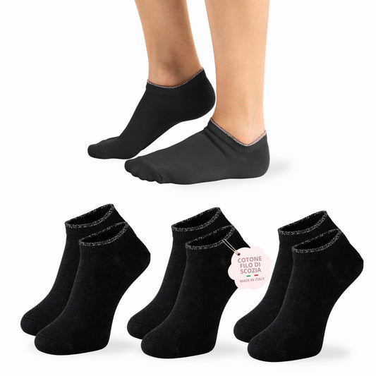 Calzini Donna COTONE LEGGERO corto Calze Donna FILO DI SCOZIA Sneaker Fantasmini Donna Made in Italy NERO