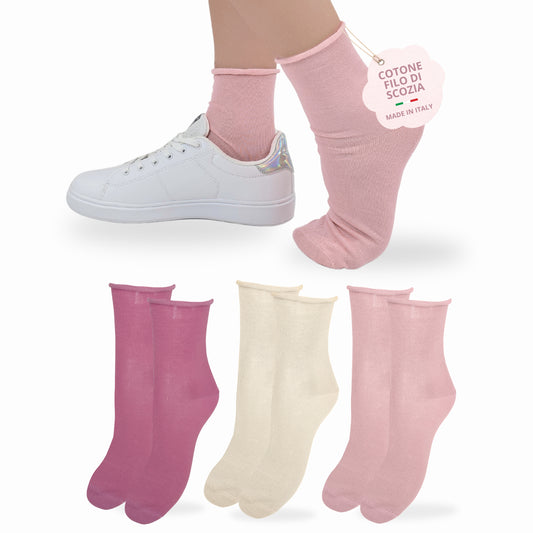 Calzini SENZA ELASTICO Donna COTONE LEGGERO FILO DI SCOZIA 3 Paia, Calze Donna Made in Italy ASS BLUSH
