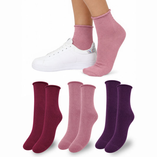 Calzini SENZA ELASTICO Donna CALDO COTONE 3 Paia Calzino Corto Moda Made in Italy ASS PINK
