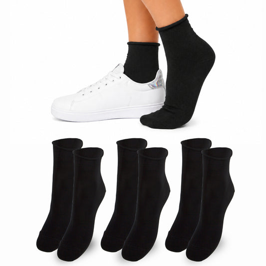 Calzini SENZA ELASTICO Donna CALDO COTONE 3 Paia Calzino Corto Moda Made in Italy ASS NERO