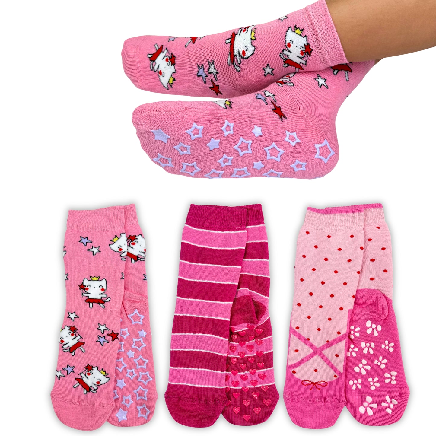 Calzini Bambina Antiscivolo Cotone 3 Paia Calze Bimba abs scuola casa gonfiabili, Made in Italy ASS4