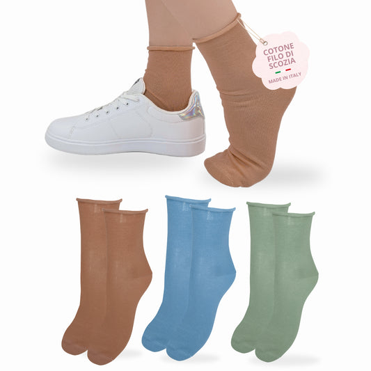 Calzini SENZA ELASTICO Donna COTONE LEGGERO FILO DI SCOZIA 3 Paia, Calze Donna Made in Italy ASS SAHARA