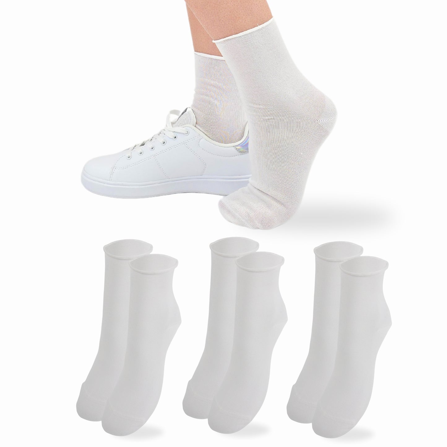 Calzini Senza Elastico Donna Cotone Leggero 3 Paia Calze Donna Filo di scozia Made in Italy BIANCO