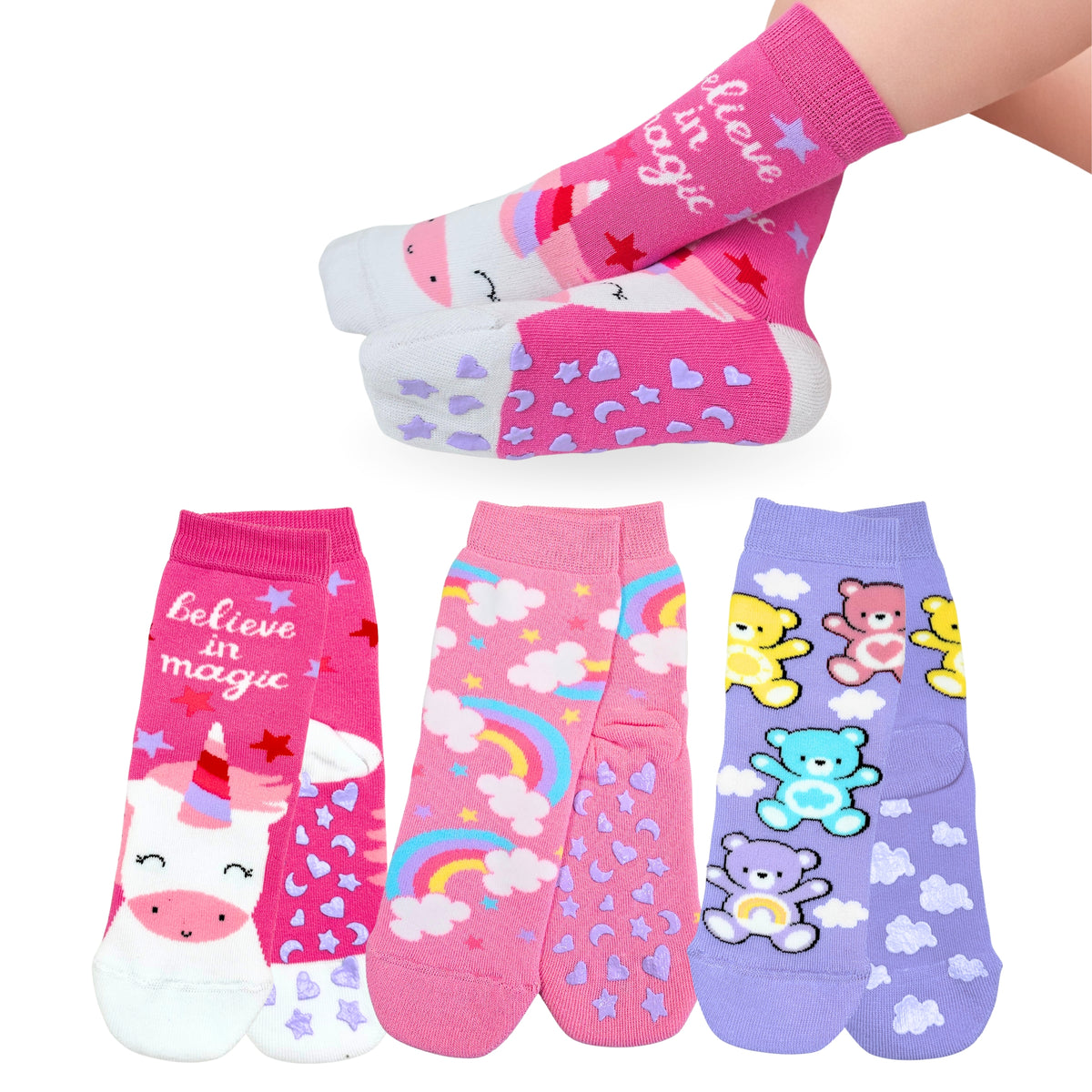 Calzini Bambina ANTISCIVOLO COTONE 3 Paia Calze Bimba abs scuola casa gonfiabili, Made in Italy ASS5