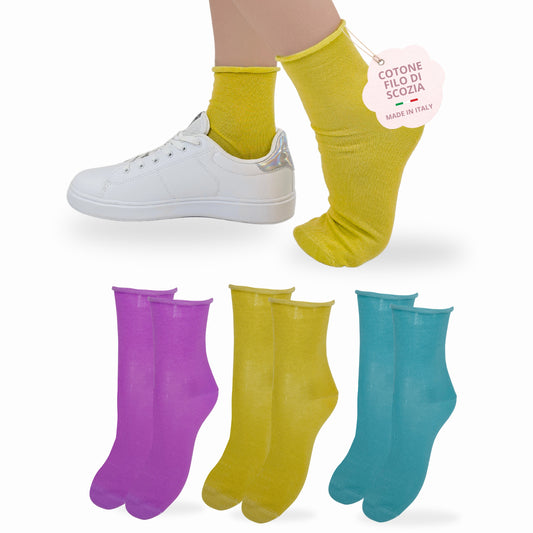 Calzini SENZA ELASTICO Donna COTONE LEGGERO FILO DI SCOZIA 3 Paia, Calze Donna Made in Italy ASS EMERALD