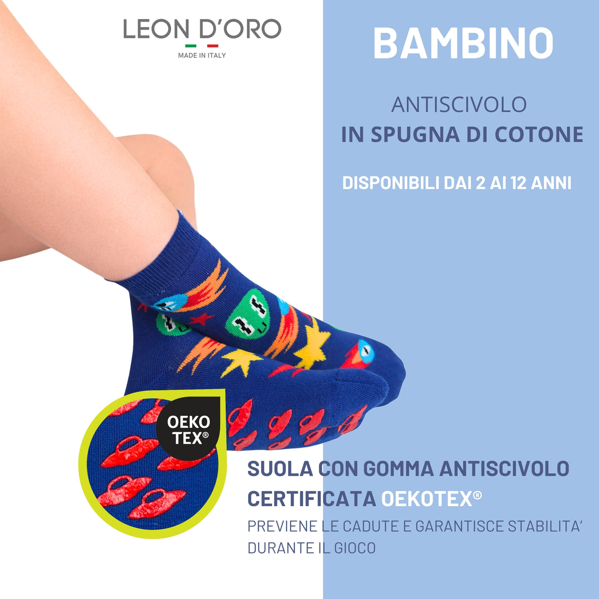 Calzini Bambino ANTISCIVOLO COTONE 3 Paia Calze Bimbo abs scuola casa gonfiabili, Made in Italy ASS2