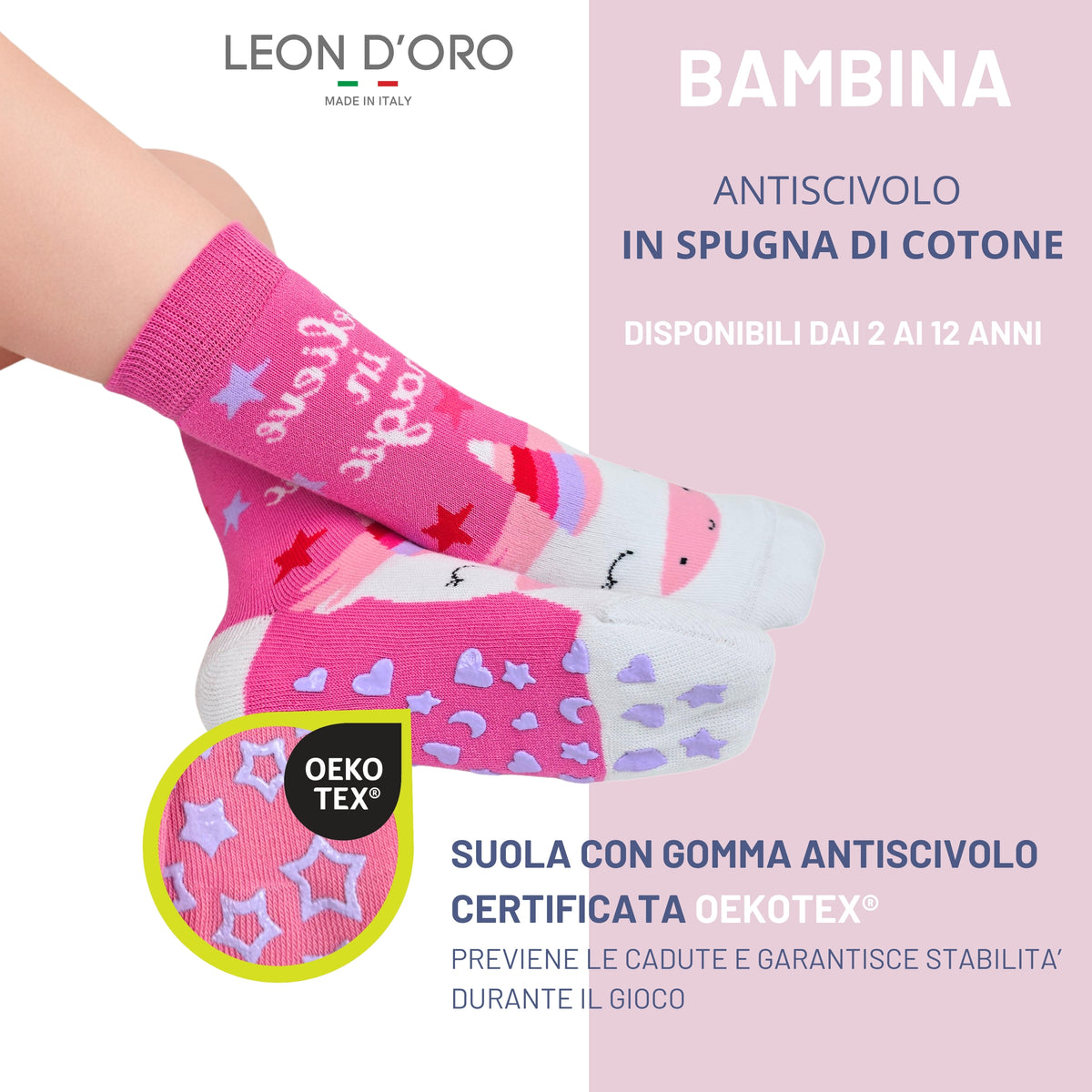 Calzini Bambina ANTISCIVOLO COTONE 3 Paia Calze Bimba abs scuola casa gonfiabili, Made in Italy ASS5