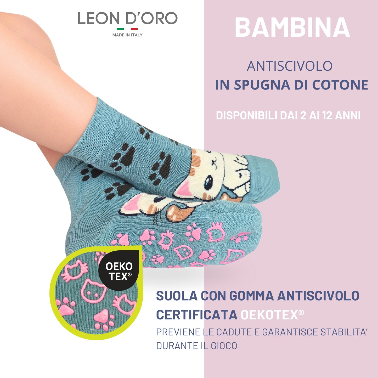 Calzini Bambina ANTISCIVOLO COTONE 3 Paia Calze Bimba abs scuola casa gonfiabili, Made in Italy ASS3