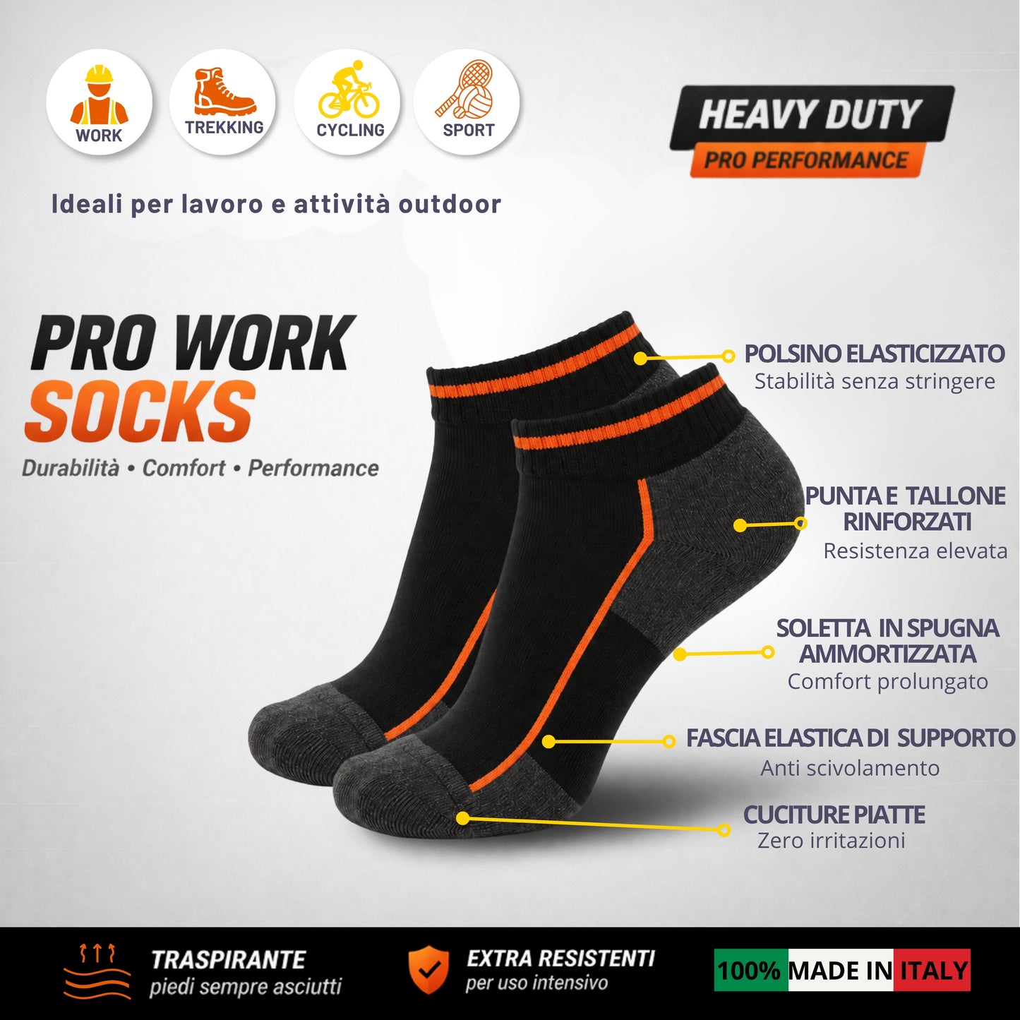 Calze da Lavoro Uomo Donna Corte in Cotone Punta e Tallone Rinforzati Traspiranti Supporto Arco Plantare Made in Italy
