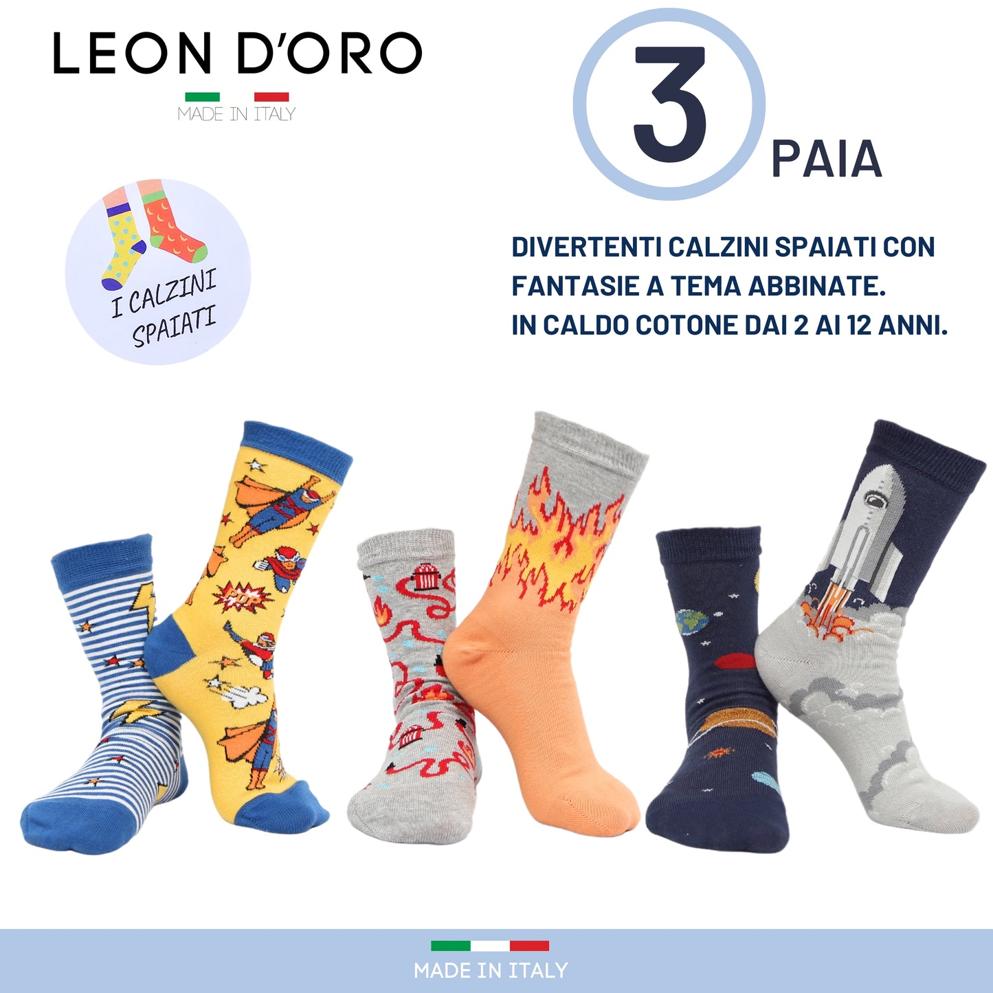 Calzini Bambino Caldo Cotone 3 Paia Calze Bimbo Fantasia Calze Bambino invernali Made in Italy SPAIATI
