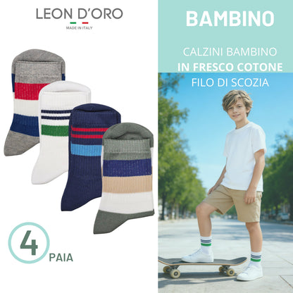 Calzini Bambino COTONE LEGGERO FILO DI SCOZIA 4 Paia, Calze leggere e traspiranti Made in Italy ASS1