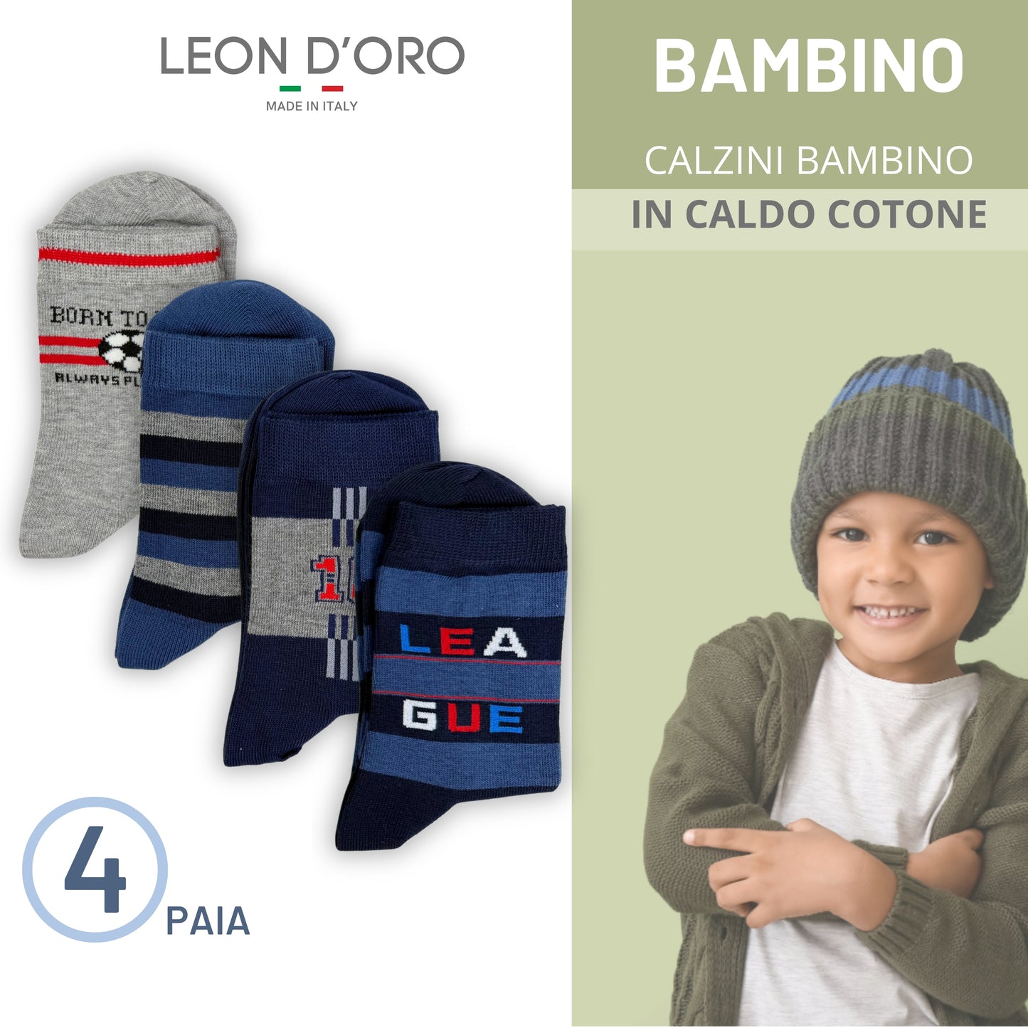 Calzini Bambino Caldo Cotone 4 Paia Calze Bimbo Fantasia Calze Bambino invernali Made in Italy ASS1