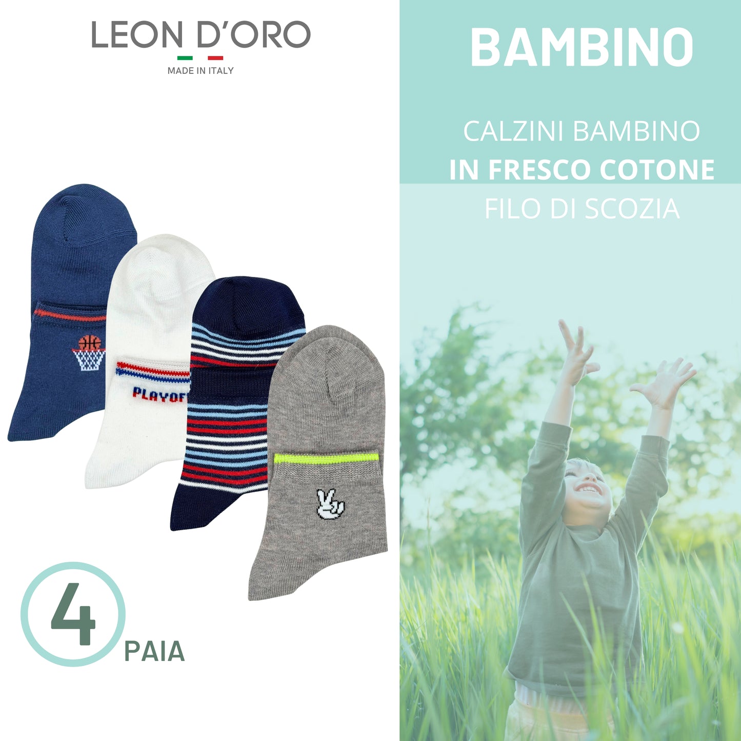 Calzini Bambino COTONE LEGGERO FILO DI SCOZIA 4 Paia, Calze leggere e traspiranti Made in Italy ASS2