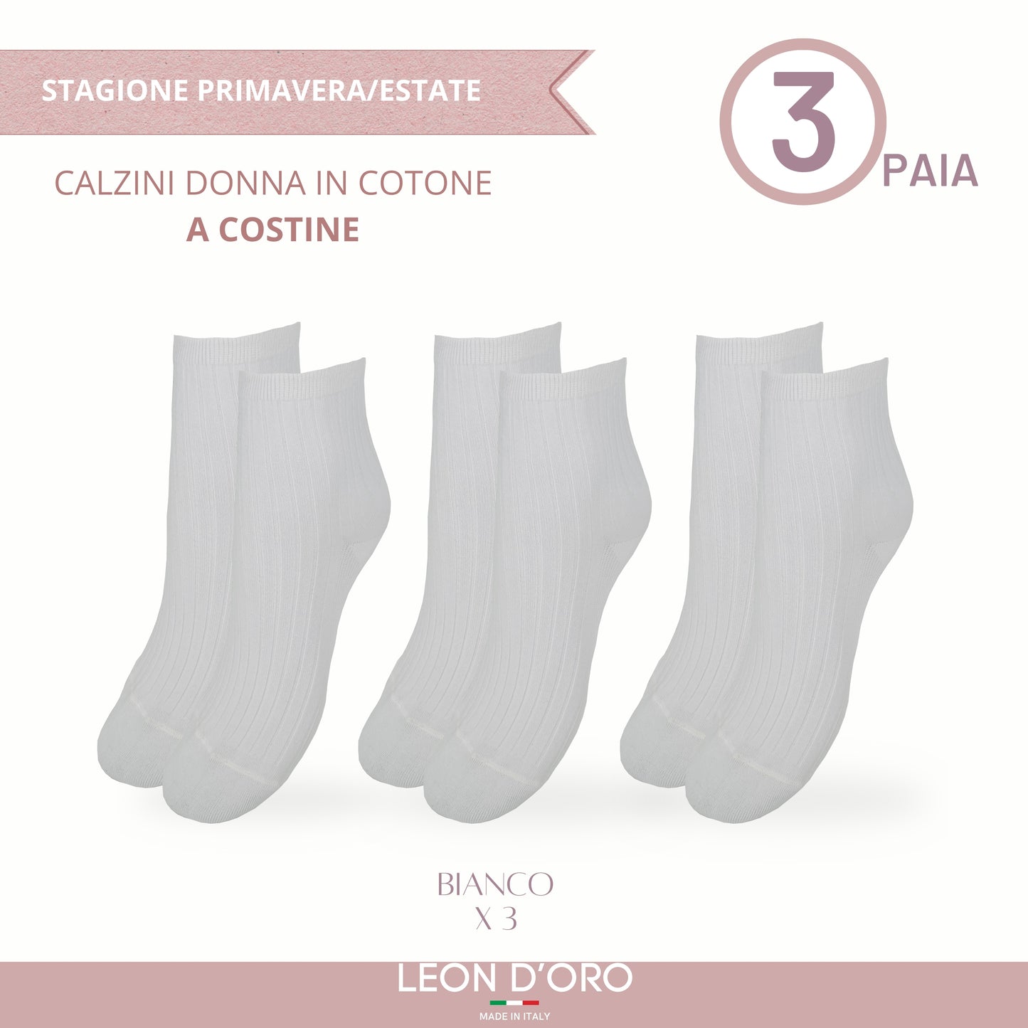 Calzini Costina Donna Cotone Leggero 3 Paia Calze Donna Filo di scozia Made in Italy BIANCO