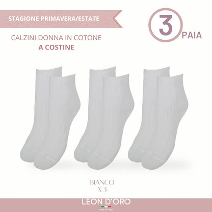 Calzini Costina Donna Cotone Leggero 3 Paia Calze Donna Filo di scozia Made in Italy BIANCO