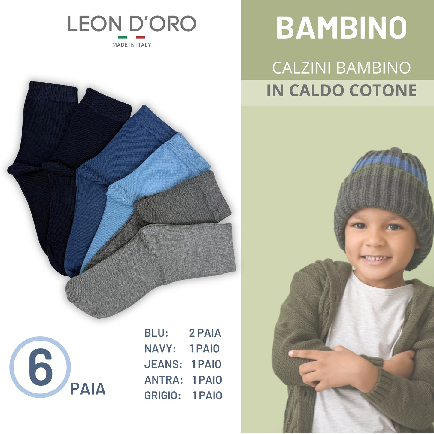 Calze Bambino in Cotone, Calzini Ragazzo per Scuola Tempo Libero in Caldo Cotone 6 Paia Made in Italy ASSM