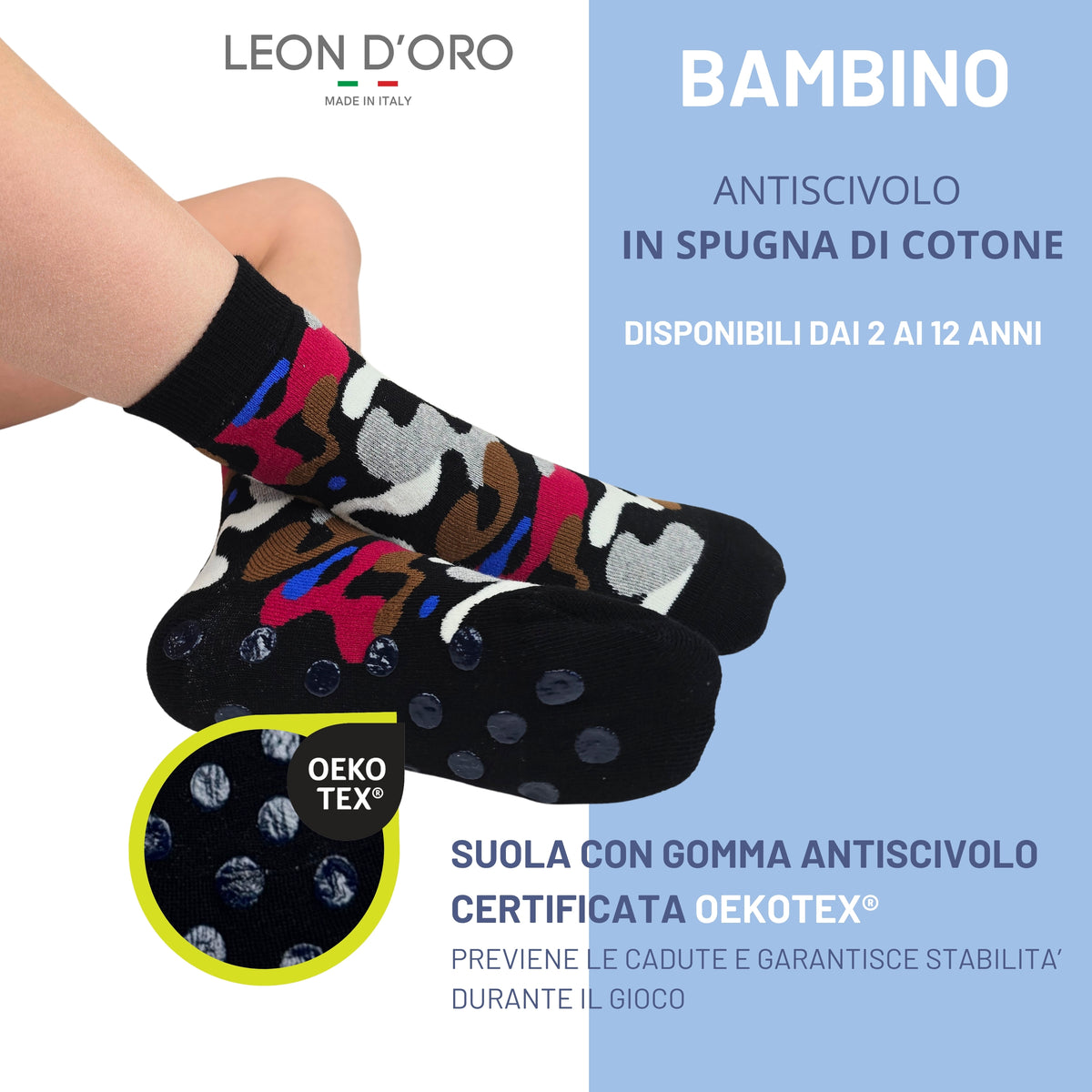Calzini Bambino ANTISCIVOLO COTONE 3 Paia Calze Bimbo abs scuola casa gonfiabili, Made in Italy ASS1