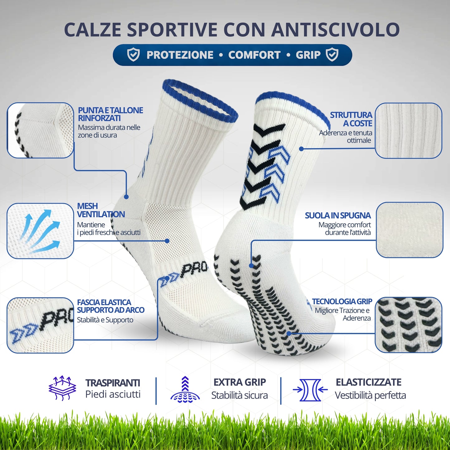 Calze da Calcio Antiscivolo Uomo in Cotone Calzini Sportivi Donna Grip Traspiranti Made in Italy per Calcio Calcetto e Running