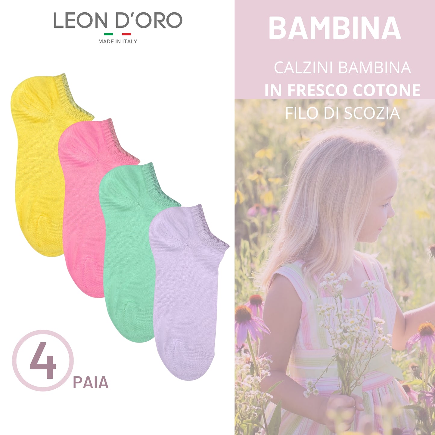 Calzini Fantasmini Bambina COTONE LEGGERO FILO DI SCOZIA 4 Paia Calze leggere e traspiranti Made in Italy ASS2