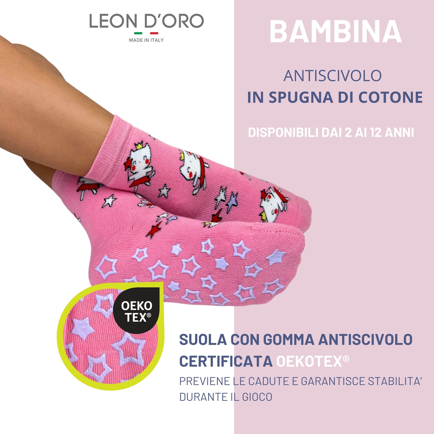 Calzini Bambina Antiscivolo Cotone 3 Paia Calze Bimba abs scuola casa gonfiabili, Made in Italy ASS4