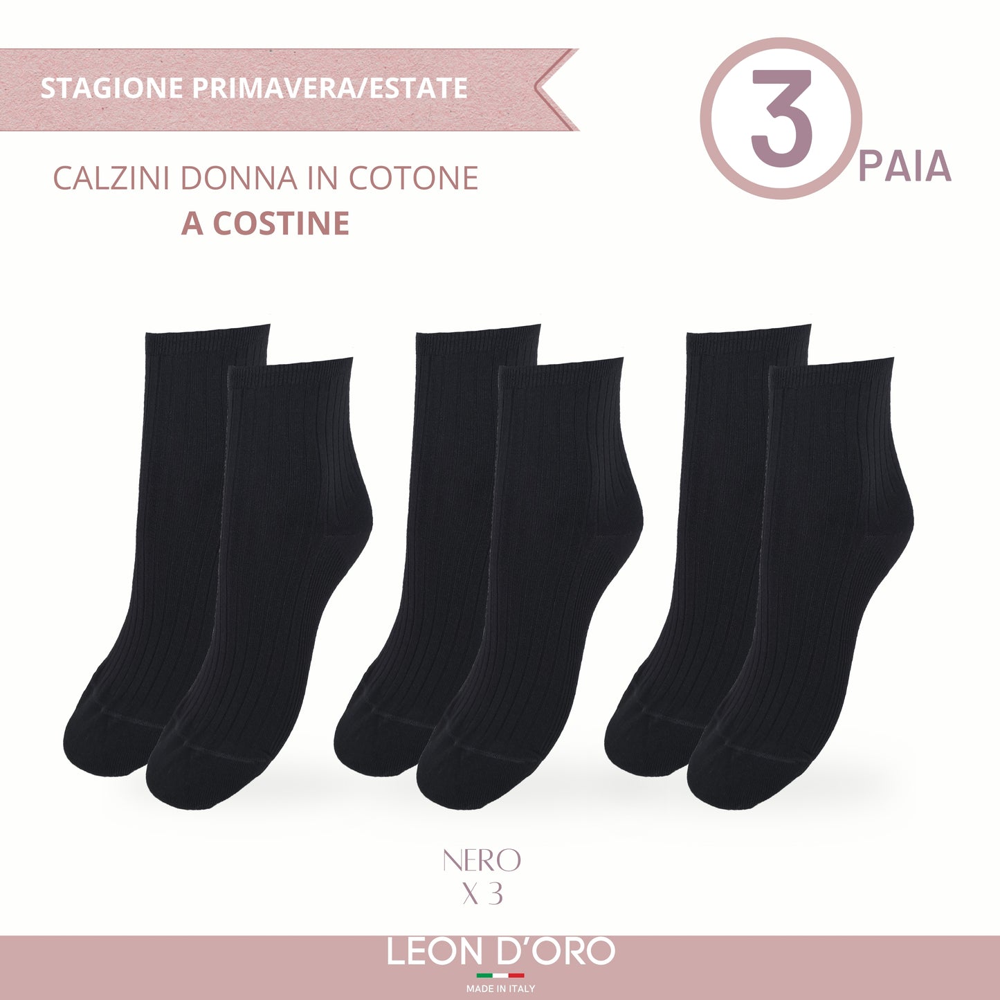Calzini Costina Donna Cotone Leggero 3 Paia Calze Donna Filo di scozia Made in Italy NERO